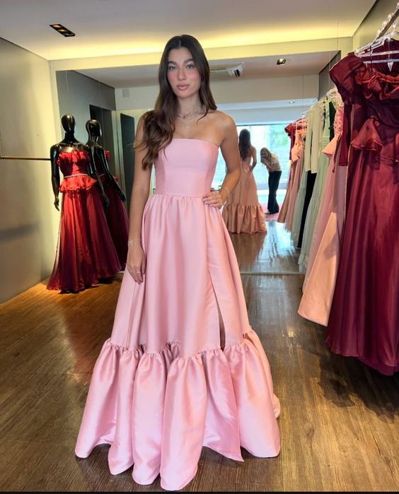 Elegant Pink Satin Strapless Evening Dress Women A-Line Prom Dress Simple Formal Occasion Dress Party Dress fg6300 - VelvetHem