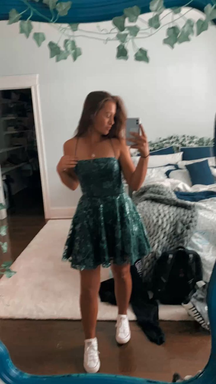 A-line Green Spaghetti Straps Homecoming Dress,Short Party Dress - View 2 | VelvetHem