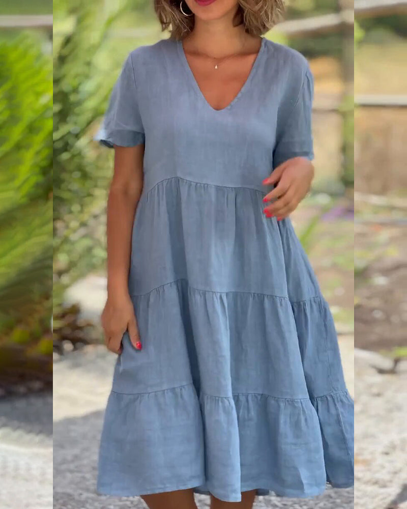 Igone Chic Cotton Linen Dress with V Neck Premium Wardrobe Essential