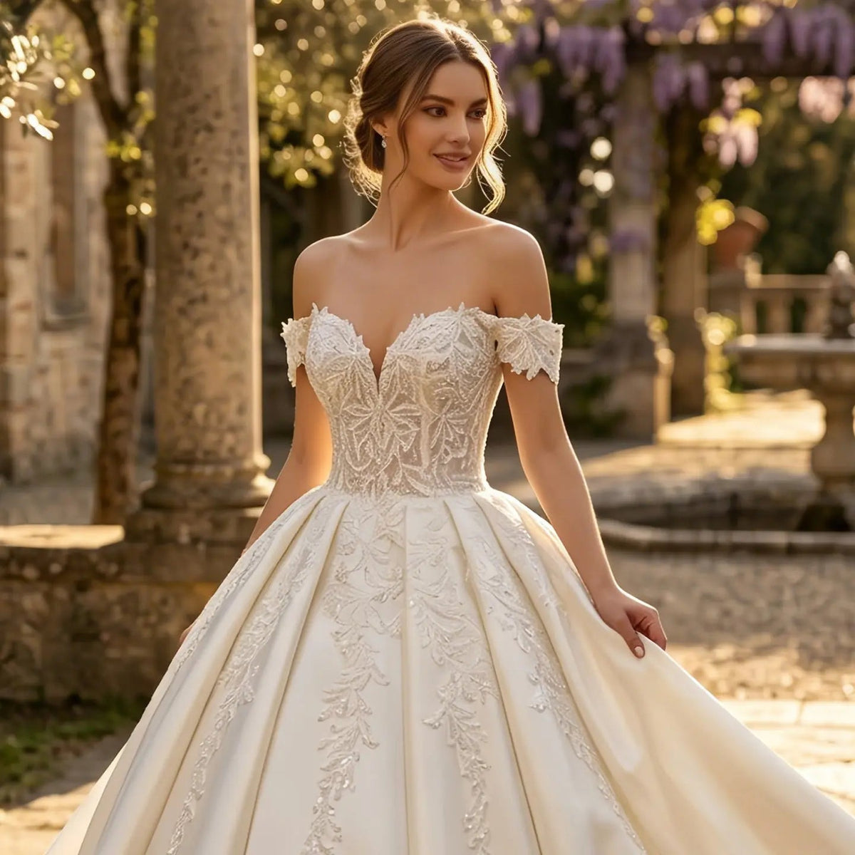 Luxury White Off-the-Shoulder Lace Satin Ball Gown Wedding Dress ZP069