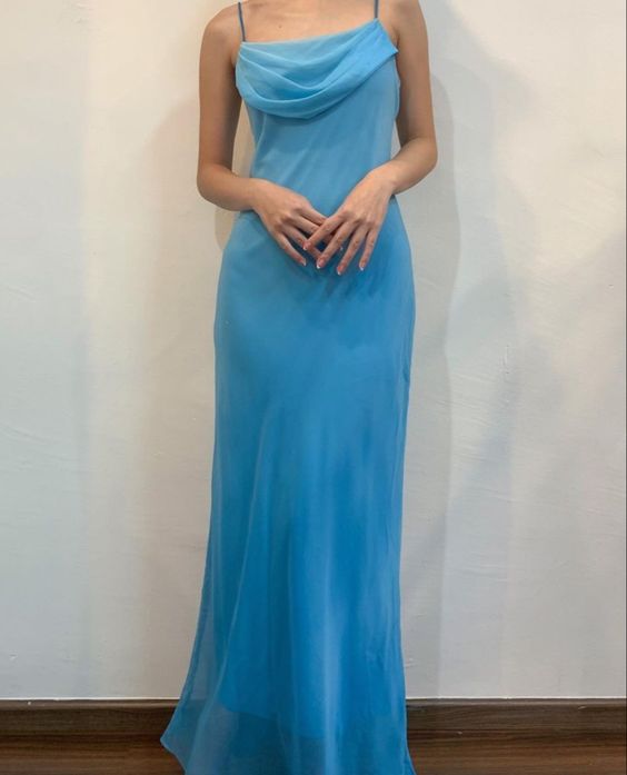 Spaghetti Straps Blue Chiffon Sheath Long Prom Dresses fg6681 - VelvetHem