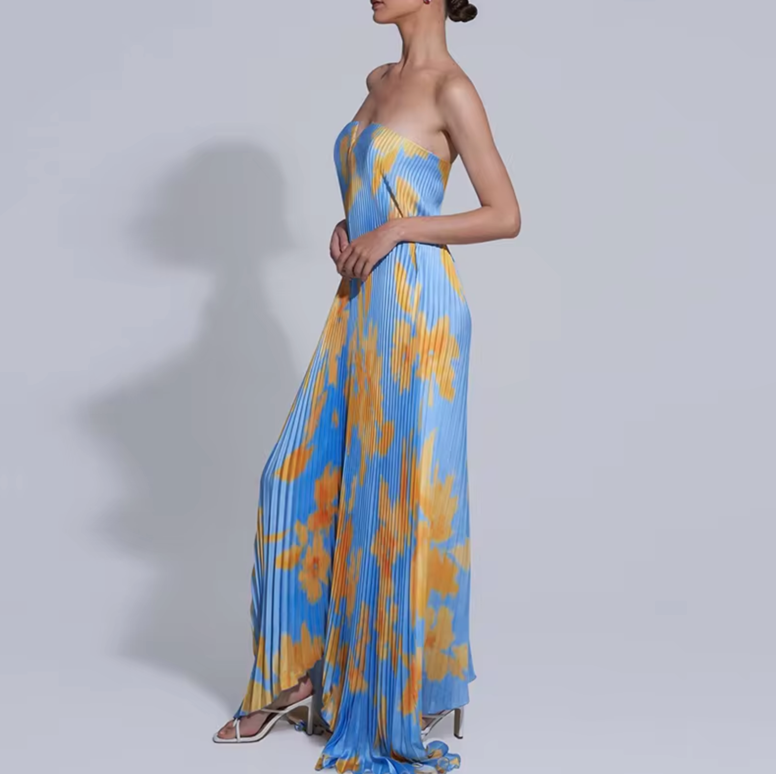 Silvana Statement Floral Strapless Pleated Long Dress Evening Wear Edit