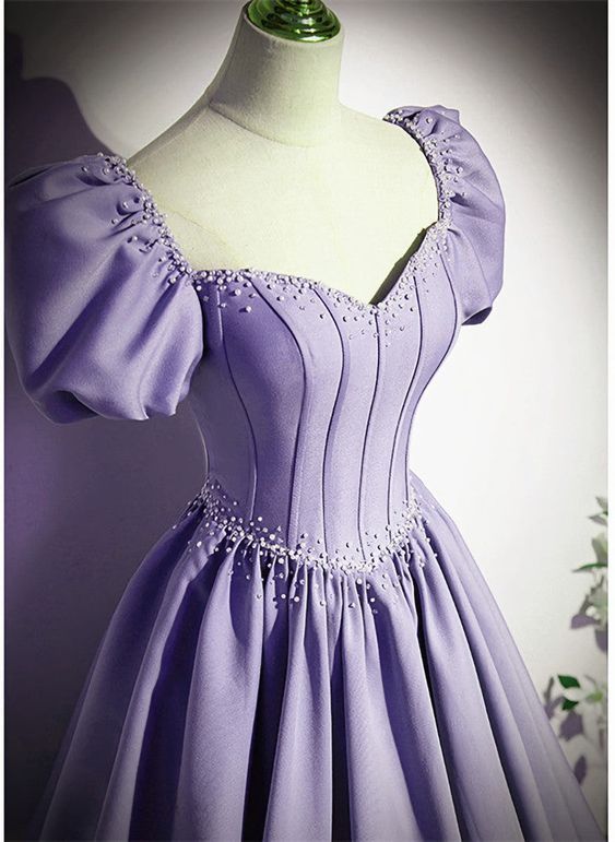 Satin Short Sleeves Beaded Party Dress, A-line Long Prom Dress fg6423 - VelvetHem