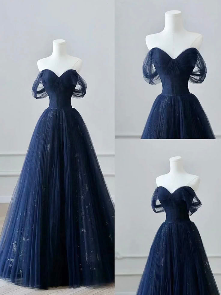 A-Line Off Shoulder Tulle Lace Dark Blue Long Prom Dress, Dark Blue Long Evening Dress fg6743 - VelvetHem