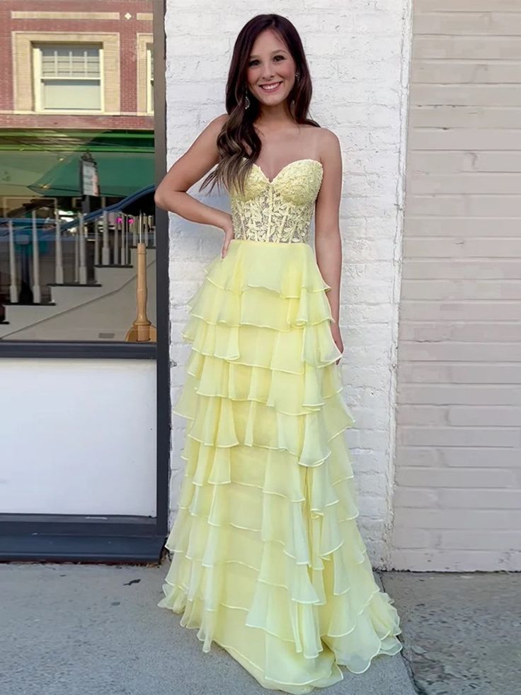 Strapless Layered Yellow Lace Top Long Prom Dresses, Long Yellow Formal Dresses, Yellow Chiffon Evening Dresses fg6690 - VelvetHem