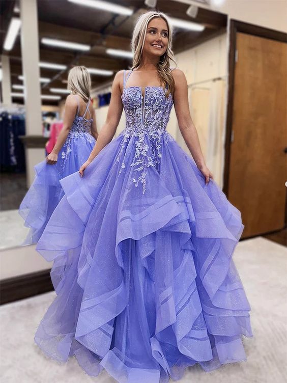 Shiny A Line Open Back Fluffy Lilac Lace Long Prom Dresses, Lilac Lace Formal Dresses, Lilac Evening Dresses fg6482 - VelvetHem