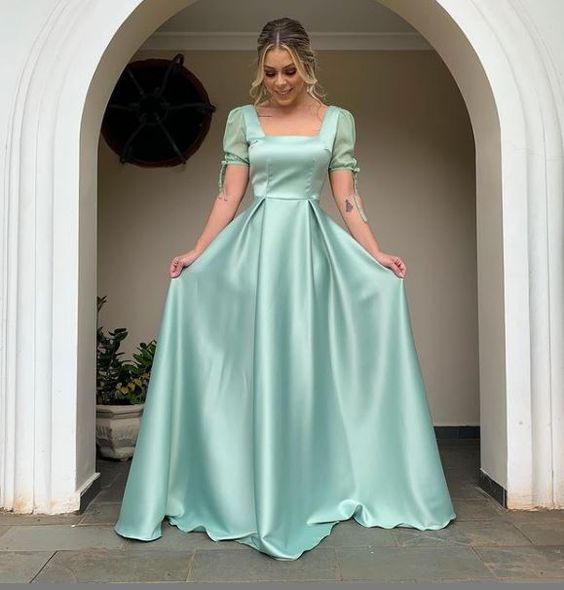 A-line Square Neck Puff Sleeve Long Prom Dress,Wedding Guest Outfit - VelvetHem