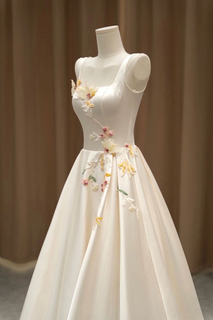 Elegant Satin Floor Length Formal Dress with 3D Flowers, Light Champagne A-Line Evening Party Dress - View 3 | VelvetHem