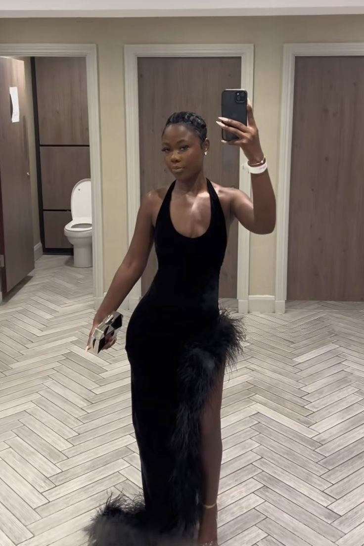Sexy Black Halter Long Prom Dress with Feathers fg7417 - VelvetHem