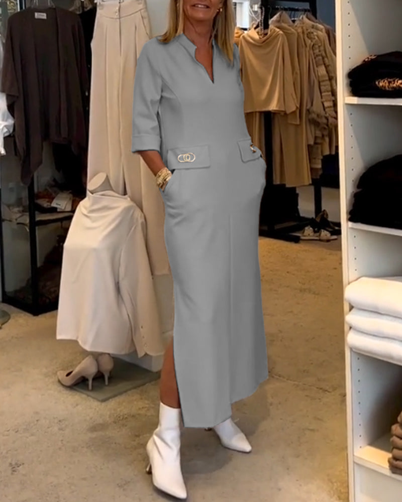Scarlett Elevated Solid Color Slit Dress with 3/4 Sleeves Everyday Luxe Edit