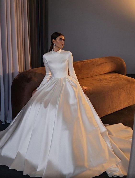Elegant High Neck A-line Satin Boho Wedding Dress with Long Sleeves for Muslim Saudi Arabian Wedding Party - View 2 | VelvetHem