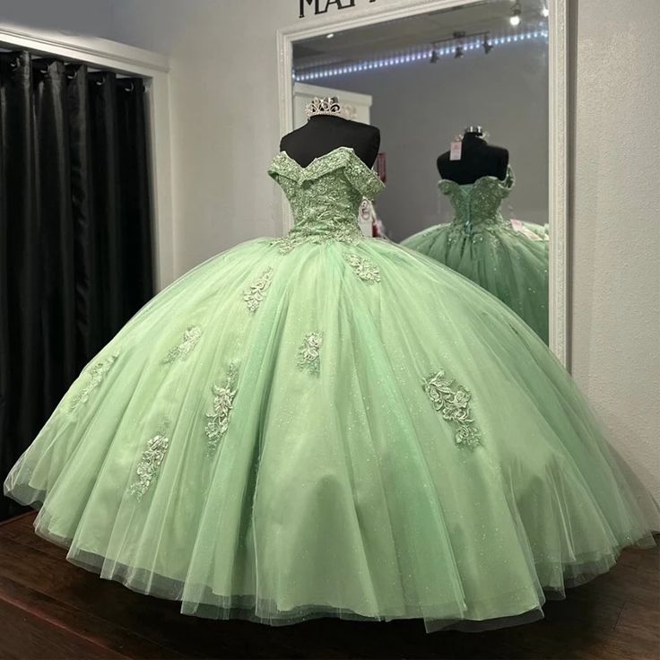Luxury Sage Green Mexican Quinceanera Dresses Applique Lace Prom Gown fg6685 - VelvetHem