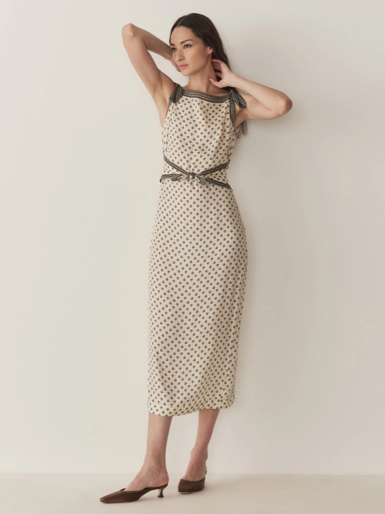 Cream Geometric Print Tie-Strap Midi Dress