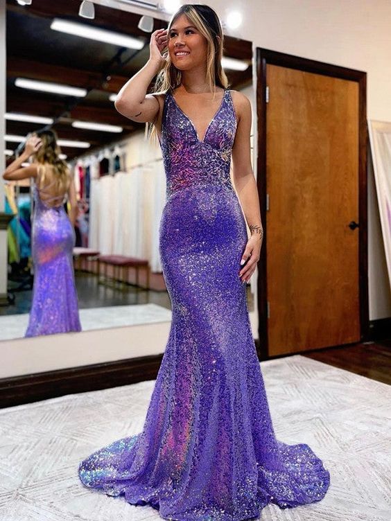 Sheath/Column V-Neck Court Train Sequins Prom Dresses fg6213 - VelvetHem