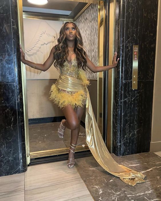 Sexy Black Girls Birthday Dresses Gold Rhinestone Feathers Mini Cocktail Party Gowns Women Club Outfit Vestidos De Gala fg6461 - VelvetHem