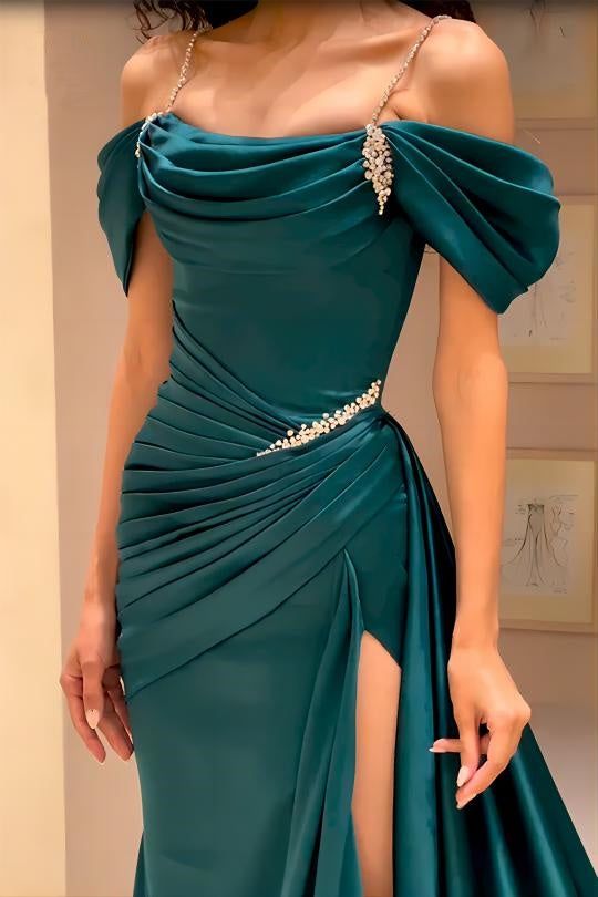 High Quality Off The Shoulder Dark Green Satin Prom Dresses Beaded Evening Gown fg6209 - VelvetHem