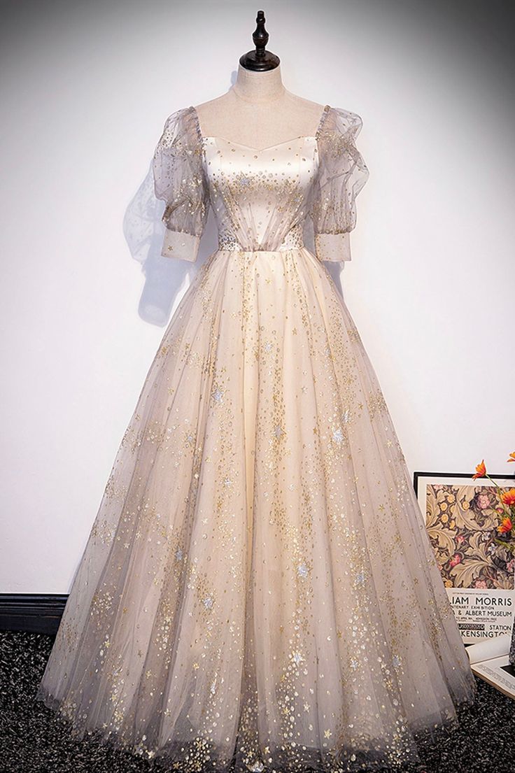 Champagne Tulle Sequins Long Prom Dress, Cute 1/2 Sleeve Party Dress - VelvetHem