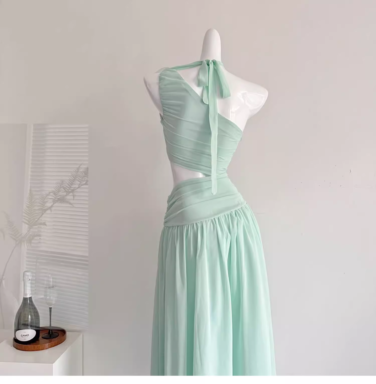 Sexy Mint Green One Shoulder Chiffon Vacation Dress Birthday Dress - View 3 | VelvetHem
