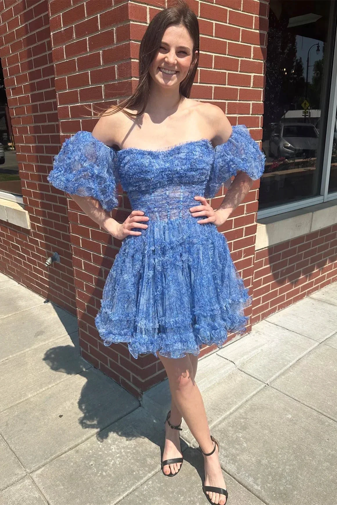 Blue Puff Sleeves Ruffles A-line Prints Homecoming Dress (ZD11892)