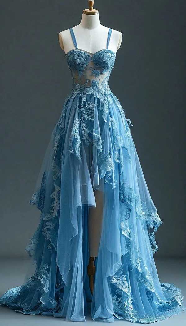 Vintage Blue Tulle Lace Applique Long Prom Dress Spaghetti Strap Party Evening Dress - VelvetHem