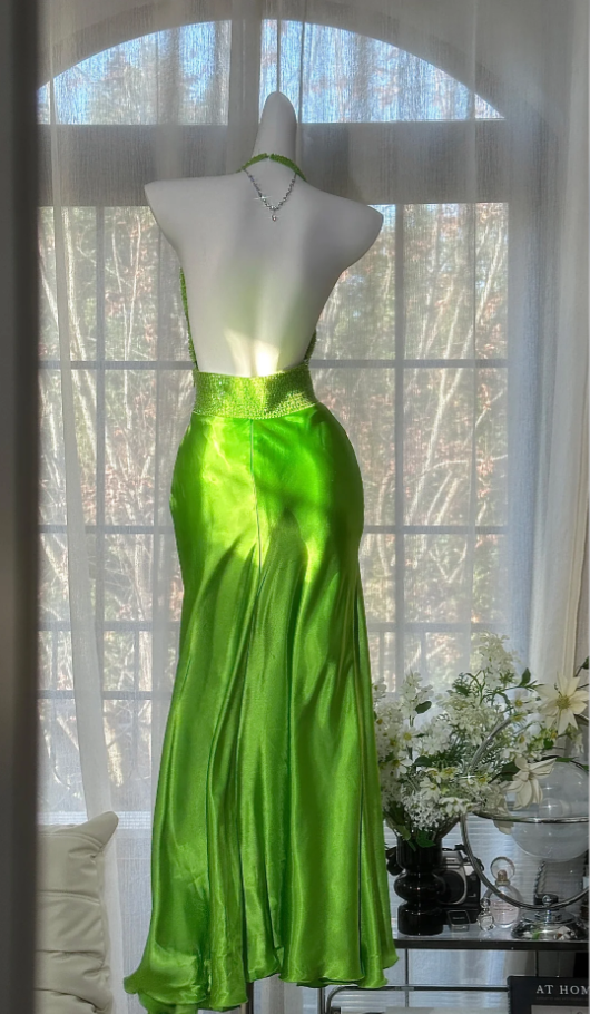 Unique Green Halter Satin Beaded Mermaid Party Dress Backless Long Evening Dress Wedding Guest Dress - View 4 | VelvetHem