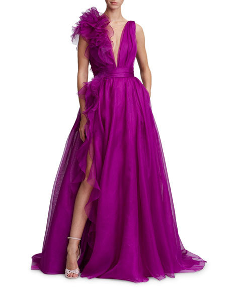 Deep V Neck Tulle Prom Dress Pur�ple Tulle Pan�el Evening Dress cc05 - VelvetHem