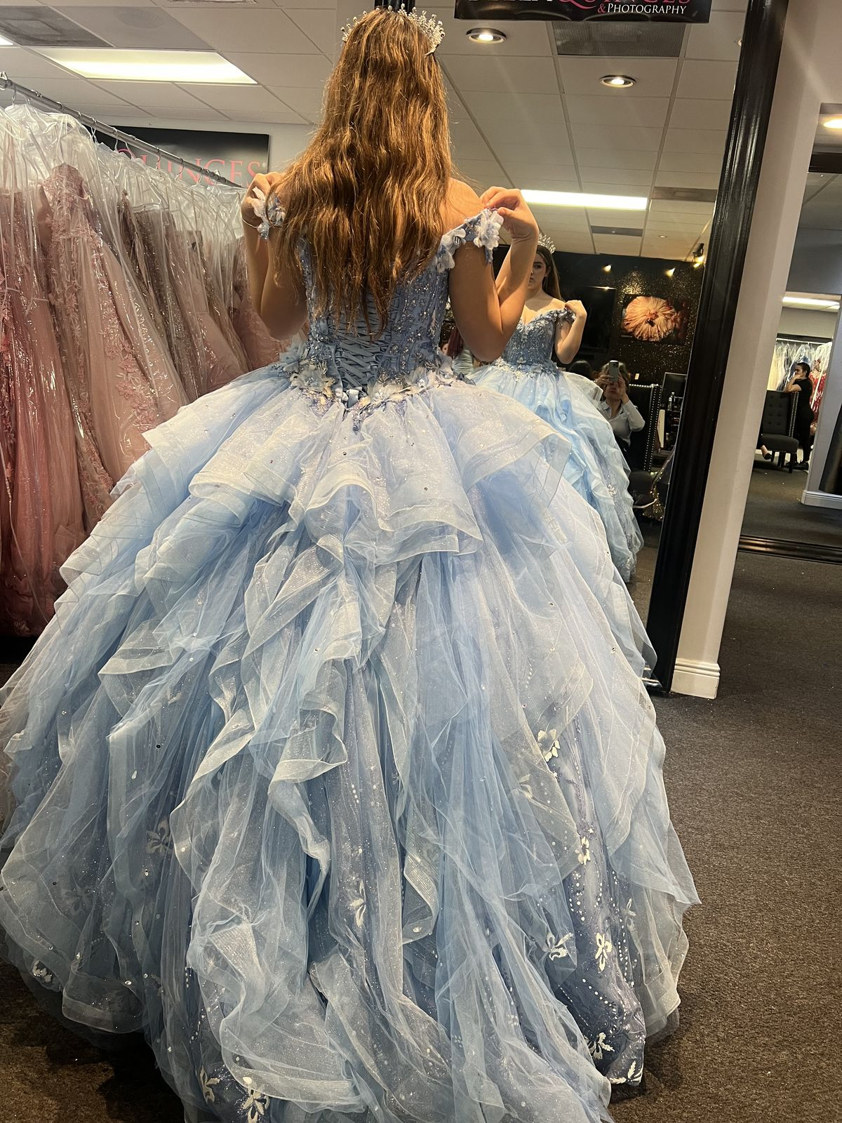 Pretty Blue V Neck Off The Shoulder Tulle Sequin Beaded Ball Gown Formal Quinceanera Dress With Appliques - View 2 | VelvetHem