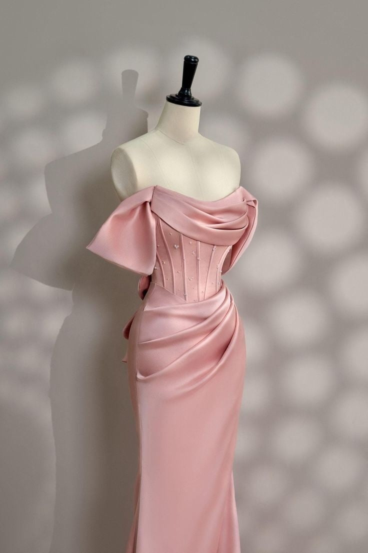 Long Pink Satin Prom Dress Off Shoulder Prom Dress Evening Party Gowns fg7426 - View 4 | VelvetHem