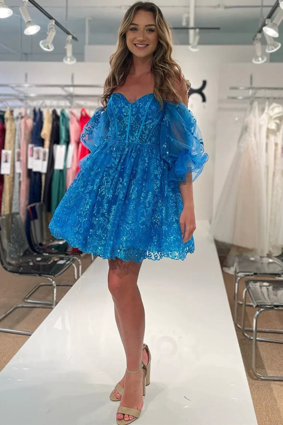 Blue Off-the-Shoulder Puff Sleeves A-line Applique Homecoming Dress Y2903 by simplepromdress