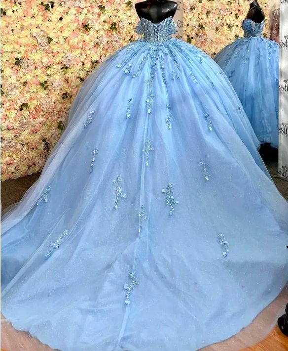 Sparkly Sky Blue Quinceanera Dress Ball Gown Appliques Beading Sequins Sweet 15 16 Dress fg6627 - View 2 | VelvetHem