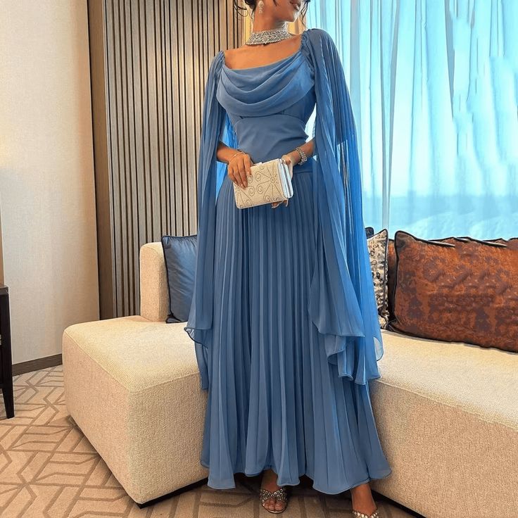 Elegant Blue Chiffon Prom Dresses,A-Line Ankle Length Party Dress fg6434 - View 2 | VelvetHem