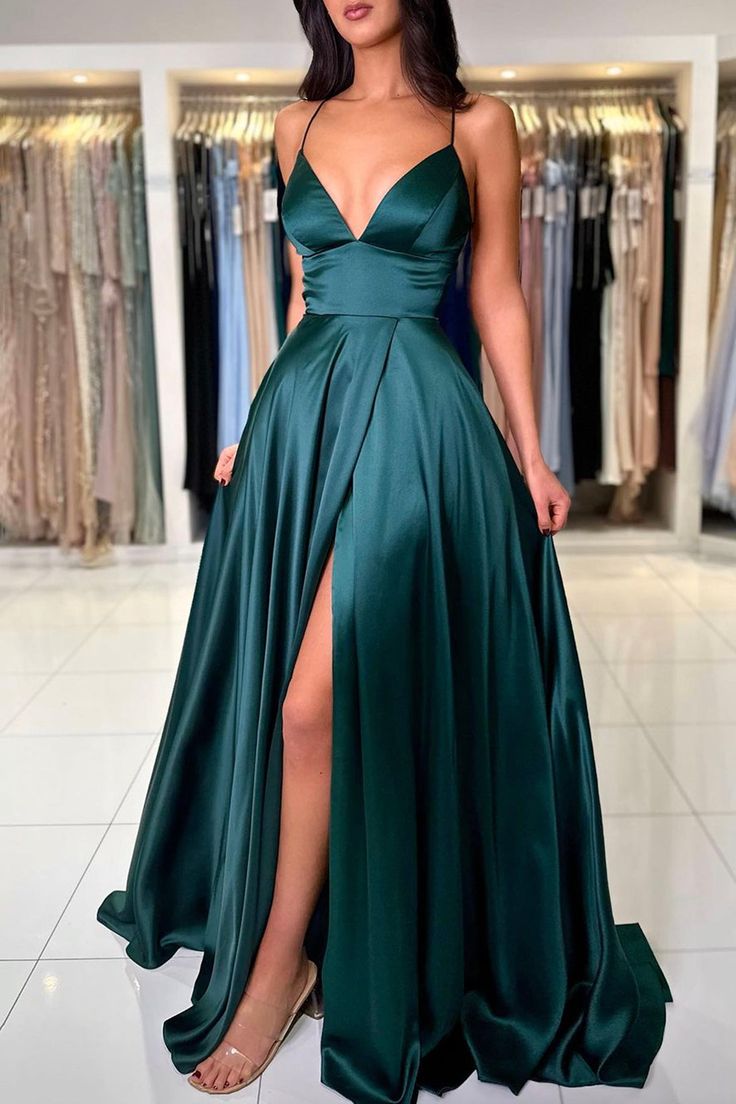 Simple V-Neck Satin Long Prom Dress, Beautiful A-Line Backless Evening Party Dress fg6191 - View 3 | VelvetHem