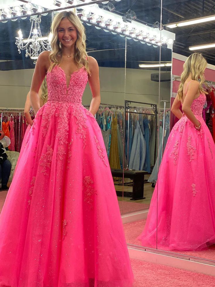 V Neck Pink A Line Lace Long Prom Dress fg6378 - View 3 | VelvetHem