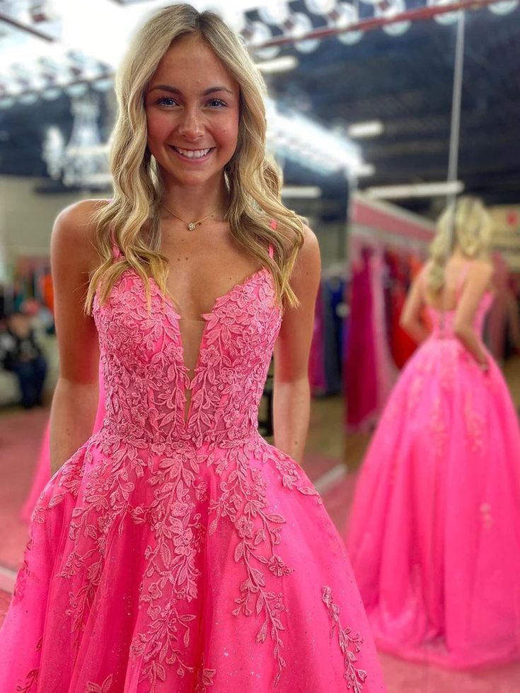 V Neck Pink A Line Lace Long Prom Dress fg6378 - View 2 | VelvetHem