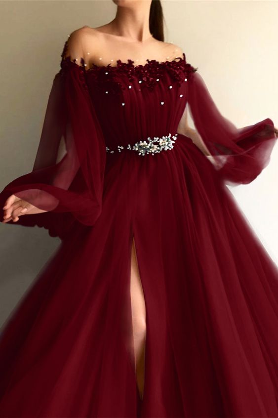Chic Off-the-Shoulder Long Sleeves Elegant Evening Dresses With Beads fg6551 - View 2 | VelvetHem