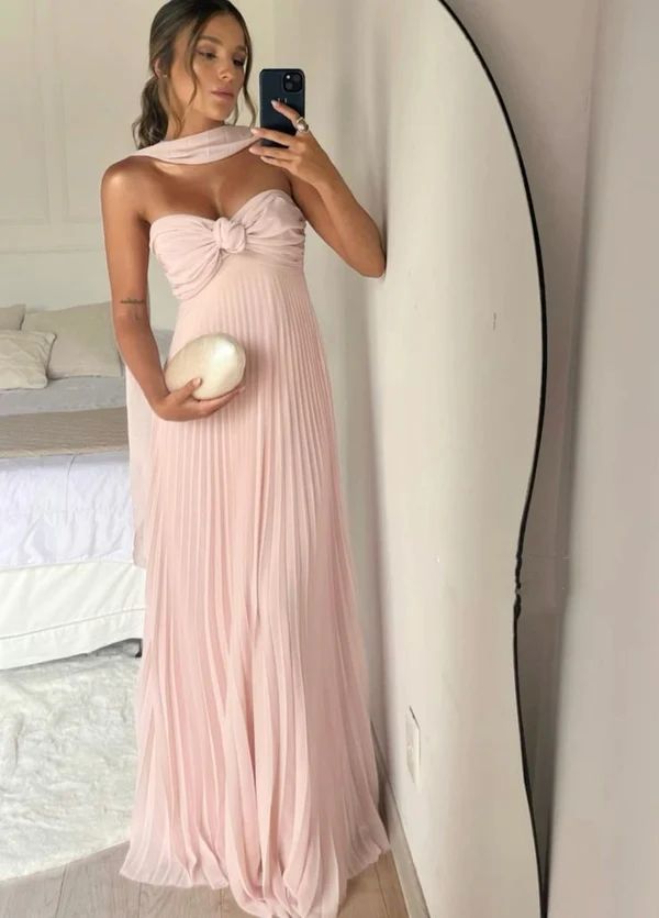 Strapless A Line Pink Long Prom Dress Pleated Formal Party Gown fg6582 - View 2 | VelvetHem