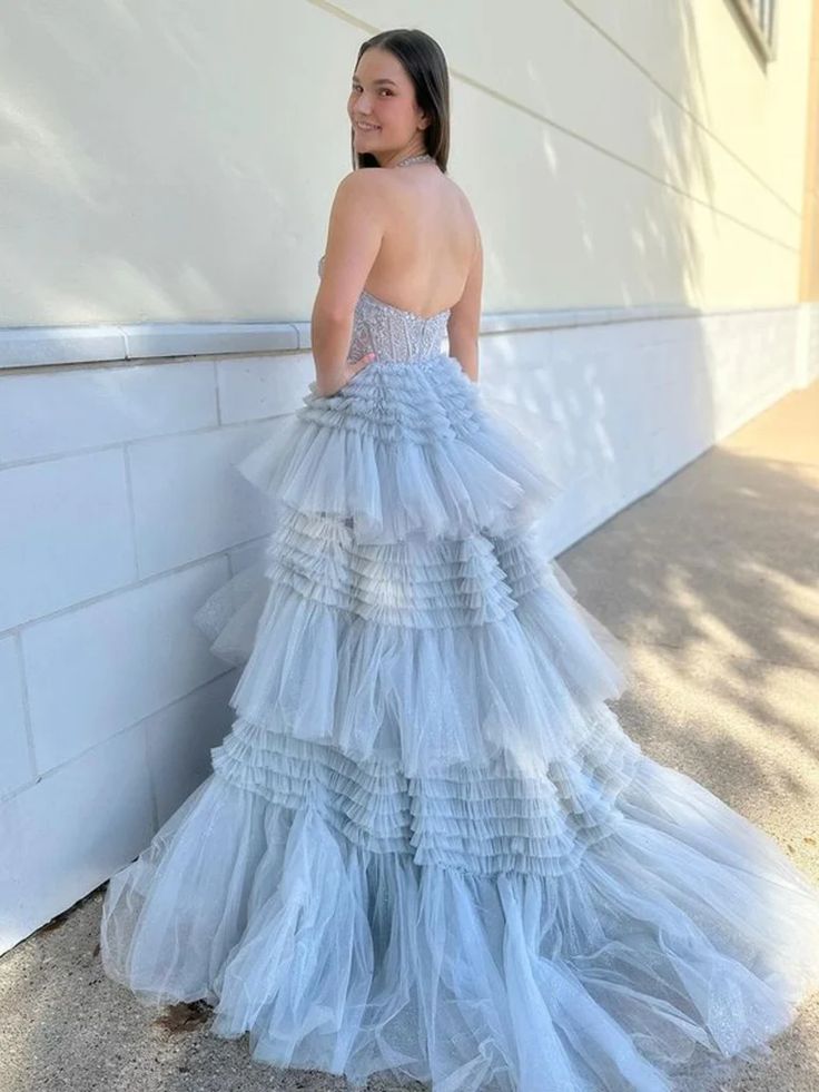 Halter V Neck Open Back Layered Gray Lace Long Prom Dresses, Gray Backless Lace Formal Evening Dresses fg6162 - View 2 | VelvetHem