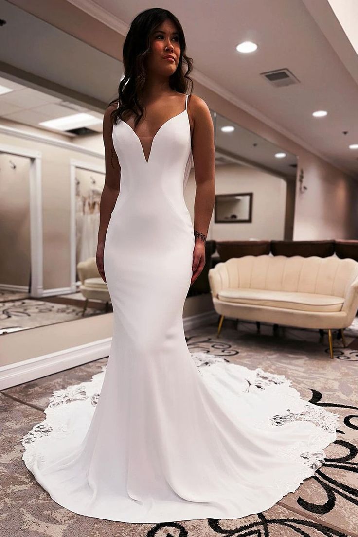 Unique Mermaid V Neck Satin Wedding Dress with Appliques fg6588 - View 2 | VelvetHem