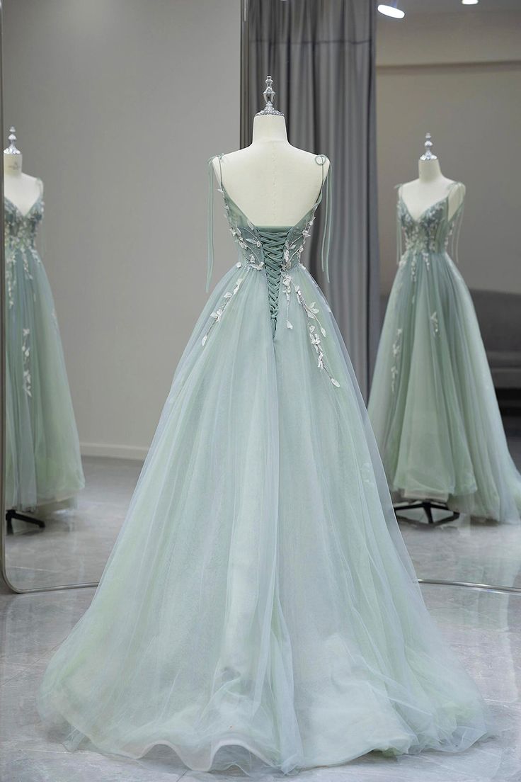 Stylish Spaghetti Strap Tulle Floor Length Formal Dress Gray Green V-Neck Backless Party Dress fg6350 - View 2 | VelvetHem
