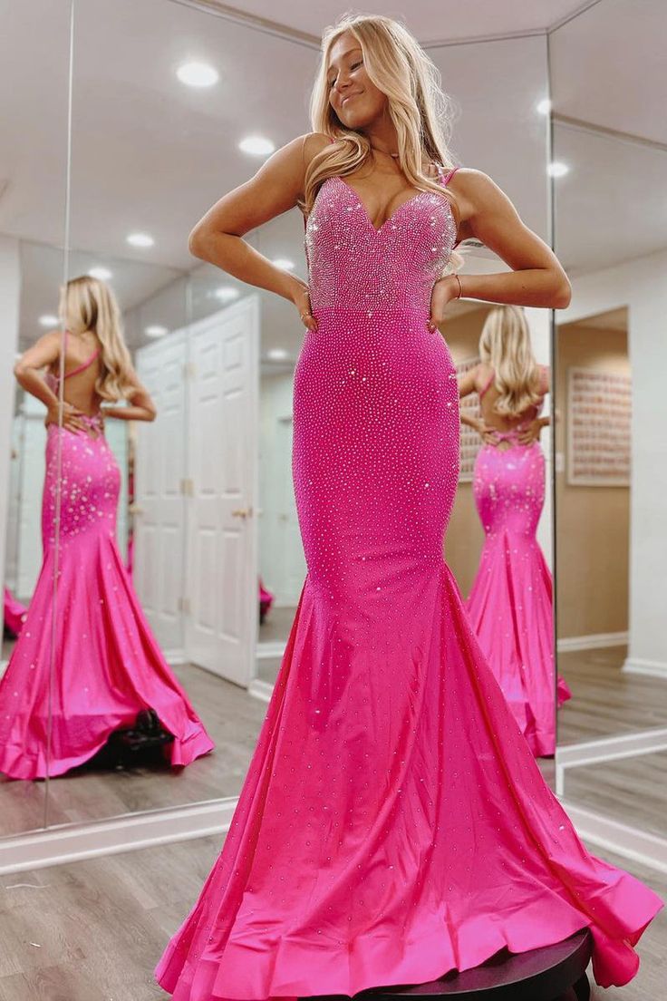 Hot Pink V Neck Satin Mermaid Long Prom Dresses with Beaded fg6746 - View 3 | VelvetHem