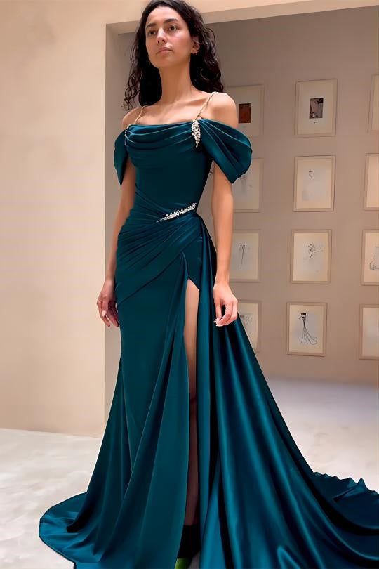 High Quality Off The Shoulder Dark Green Satin Prom Dresses Beaded Evening Gown fg6209 - View 2 | VelvetHem