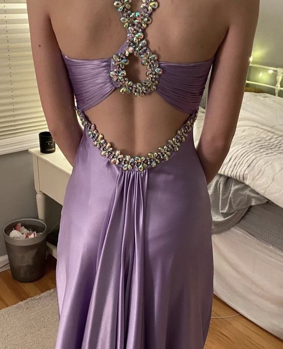 Glamorous purple satin beaded long prom evening dresses fg6715 - VelvetHem