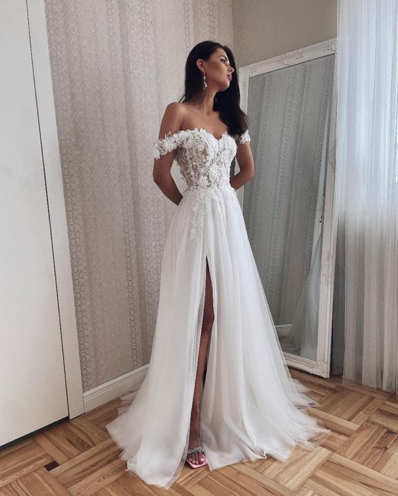 Charming A Line Off the Shoulder Tulle Wedding Dresses with Appliques fg6433 - View 2 | VelvetHem