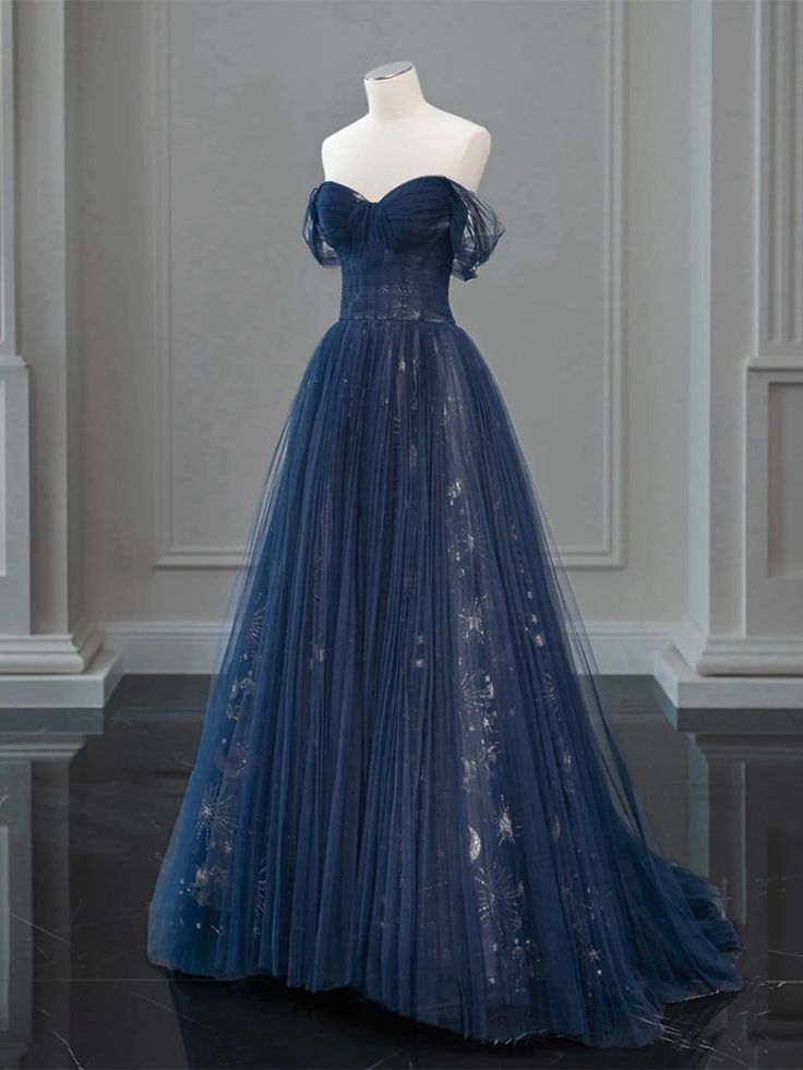 A-Line Off Shoulder Tulle Lace Dark Blue Long Prom Dress, Dark Blue Long Evening Dress fg6743 - View 2 | VelvetHem