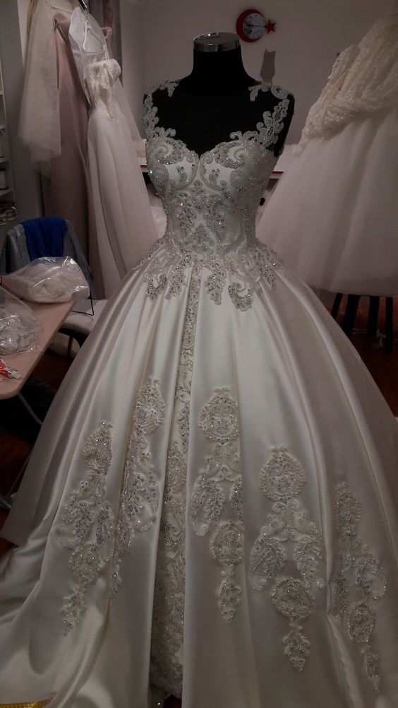 A Line Bride Dress Custom Made Lace Satin Wedding Dress fg6084 - View 2 | VelvetHem