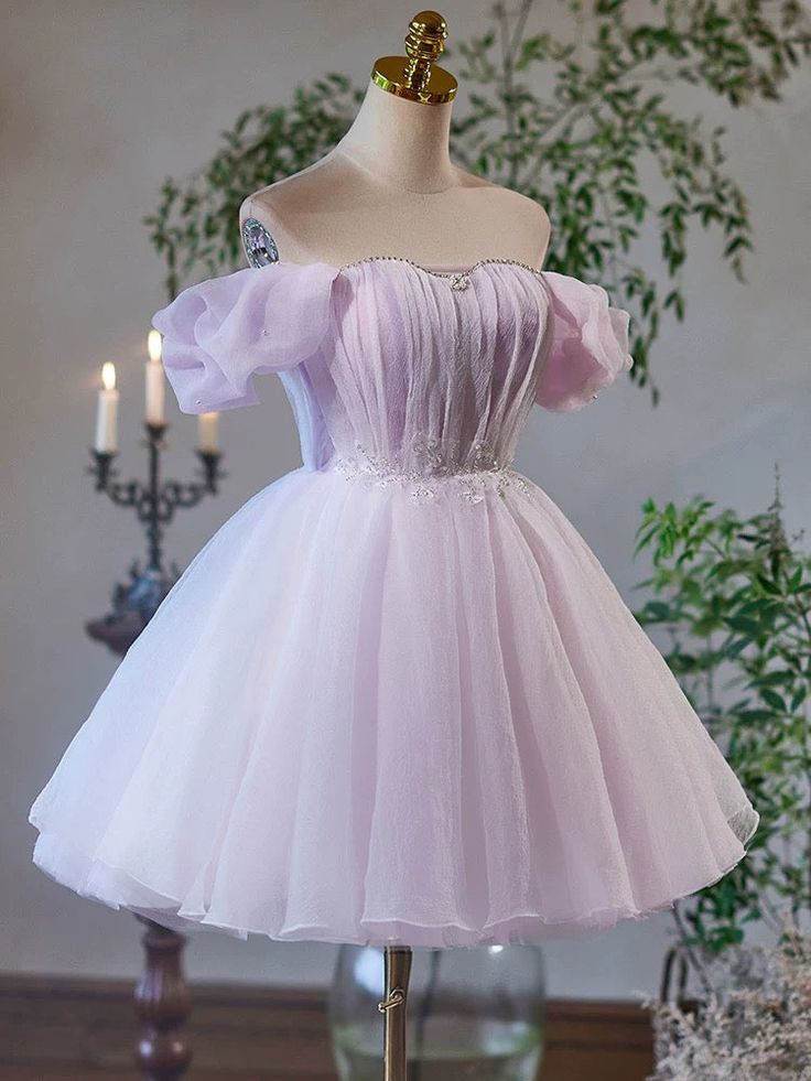 A-Line Sweetheart Neck Tulle Purple Short Prom Dress, Purple Homecoming Dress fg6141 - View 2 | VelvetHem