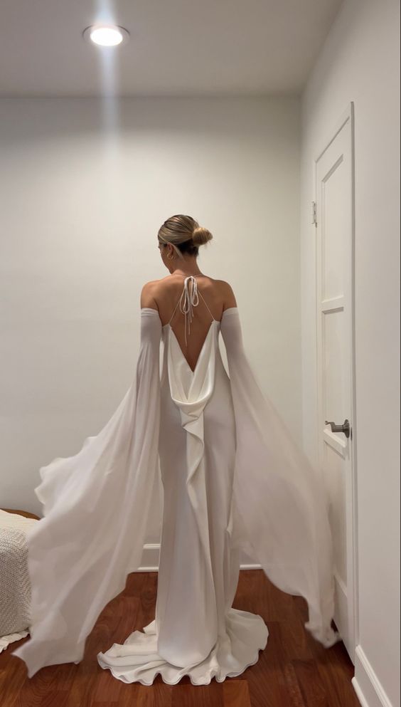 Wedding Dresses Soft Satin Long Floor Length Open Back Simple Bridal Gown With Detachable Flare Sleeves fg6409 - View 2 | VelvetHem