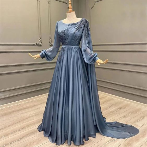 Elegant Blue Chiffon Gown with Embellished Sleeves Evening Dress fg6652 - View 2 | VelvetHem