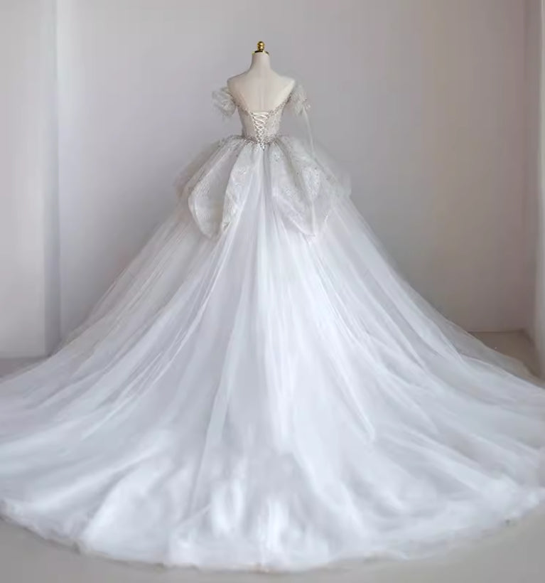 Sparkly Ball Gown Wedding Dresses For Bride 2025 Sweetheart Neckline Beading Sequins Short Sleeve Off The Shoulder Bridal Dresses fg6439 - View 2 | VelvetHem