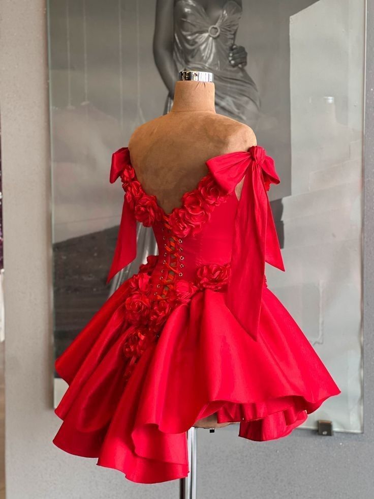 Red Cocktail Party Dress with 3D Flowers Off The Shoulder Elegant Evening Gown for Women fg6589 - View 3 | VelvetHem
